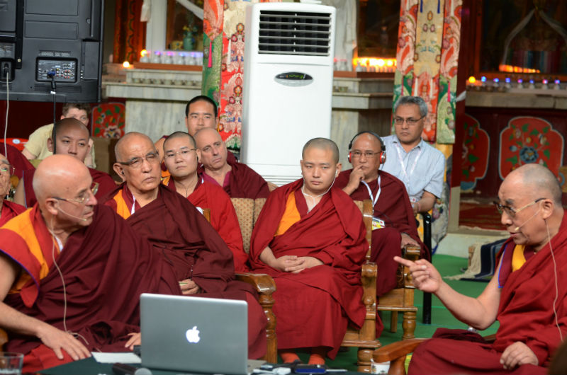 French Buddhist scholar, Mathieu Ricard with His Holiness the Dalai Lama presenting the Buddhist perspective to consciousness during the fourth day of the Mind and Life XXVI meeting at Drepung Monastery in Mundgod, India, on January 20, 2013. Photo: TPI/Yeshe Choesang MIND-LIFE-2013 (22)
